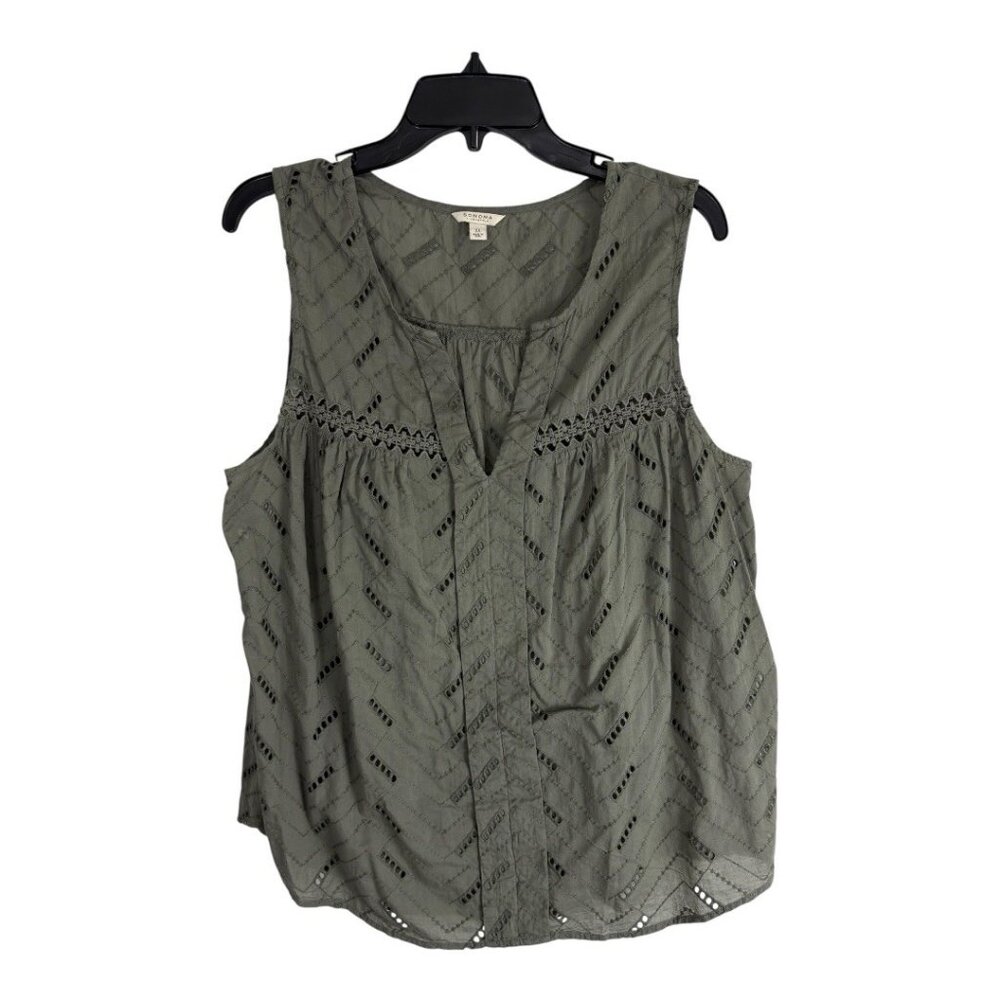 Sonma Womens Shirt Size XL Green Eyelet Sleeveless V Neck Casual Blouse